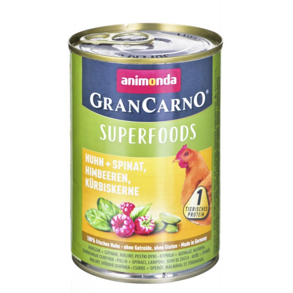 Animonda GranCarno Superfoods kurczak, szpinak, maliny, pestki dyni puszka 400g, DLZANMKMP0102