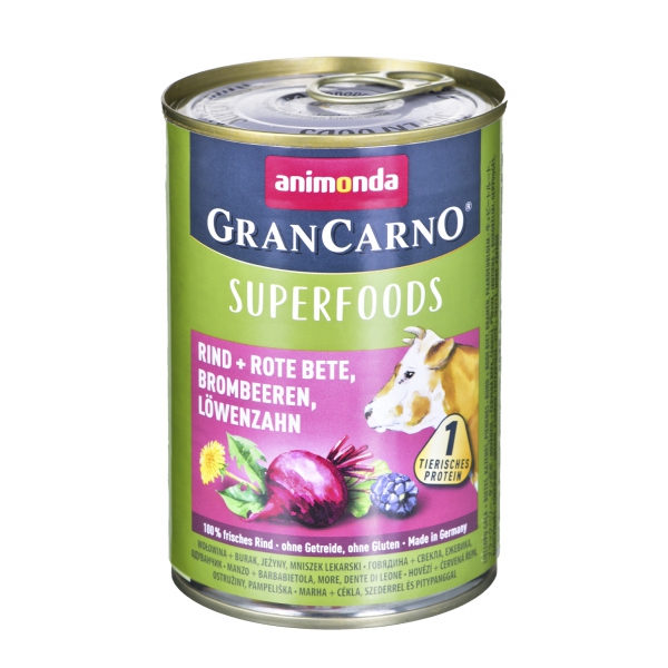 Animonda GranCarno Superfoods wołowina, burak, jeżyny, mniszek lekarski puszka 400g, DLZANMKMP0103